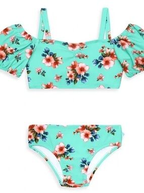 Posh Peanut Aisha Print Floral Off-Shoulder Bikini Set in Aqua